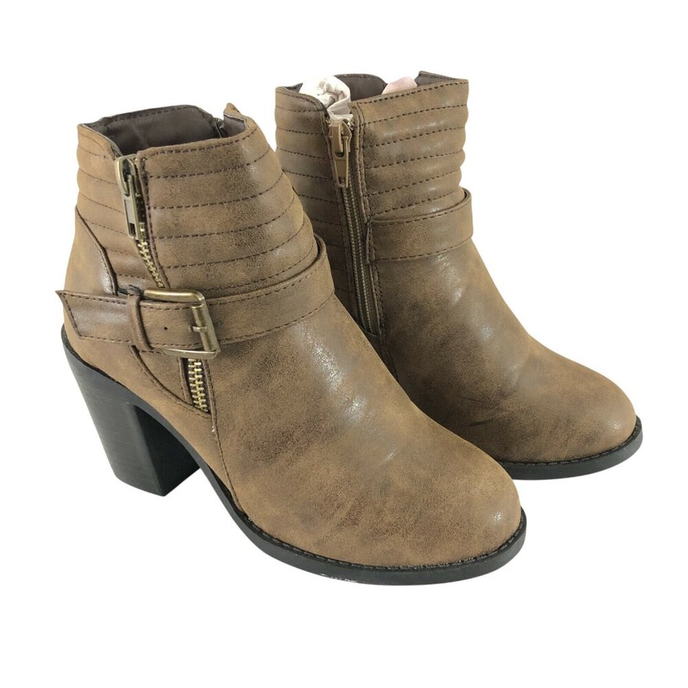 Twisted Womens Ankle Booties Block Heel Faux Leather Zipper Brown Size 6
